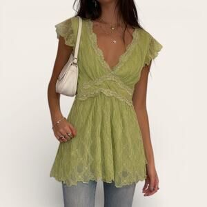 Studio Y Y2K Lime Green Metallic Knit Lace Empire Waist Tunic Top Medium
